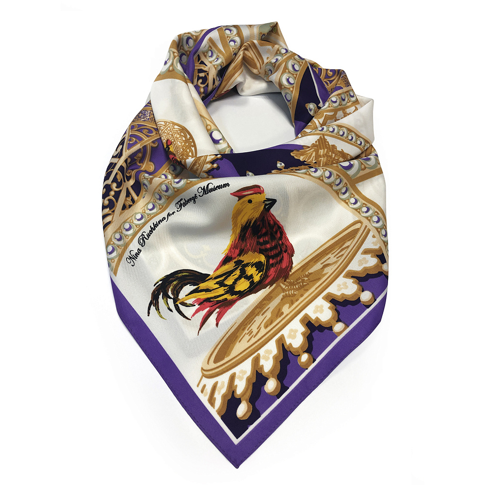 Платок шелковый «Фаберже. яйцо-часы Петушок» 65х65 см - интернет магазин Русь Велика я фото 1