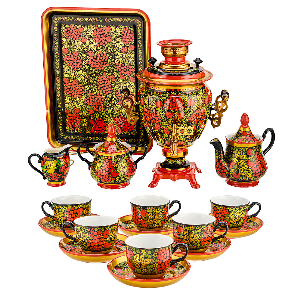 Самовар электрический 3 л с сервизом на 6 персон «Рябина». Хохлома - интернет магазин Русь Велика я 