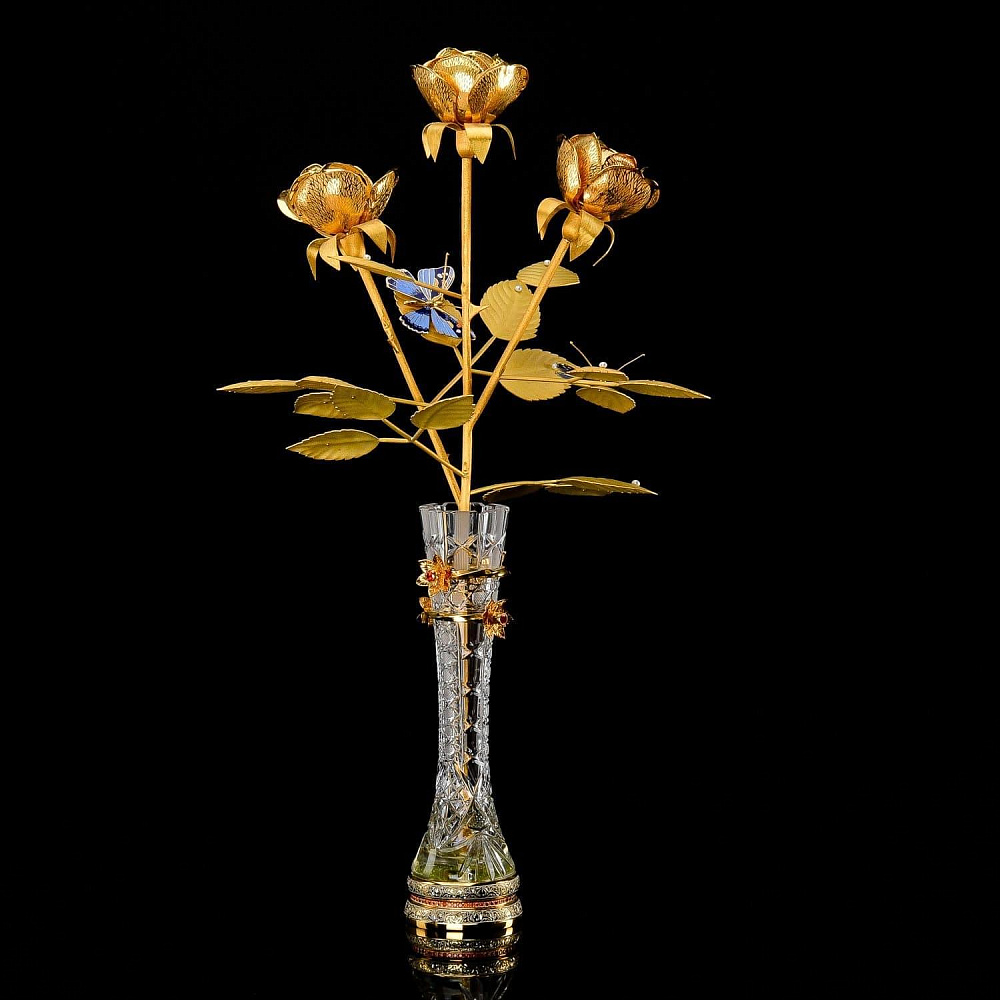 Хрустальная ваза с розами из латуни с позолотой. Златоуст - интернет магазин Русь Велика я фото 1