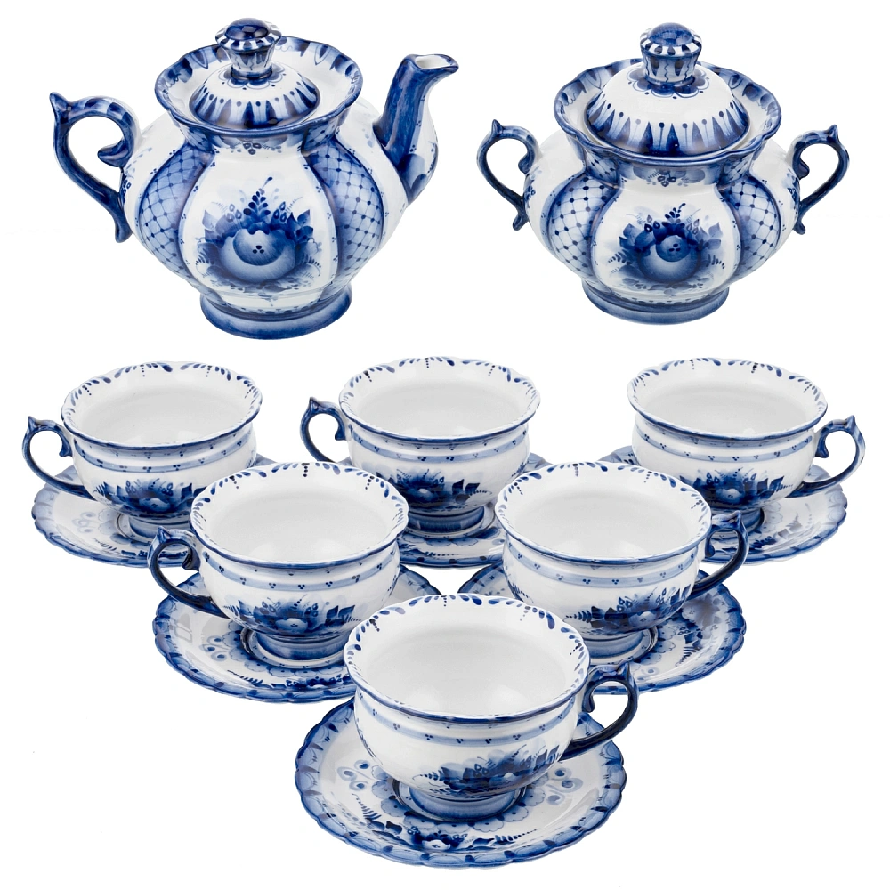 Чайный сервиз на 6 персон с росписью «Восторг». Гжель - интернет магазин Русь Велика я фото 1