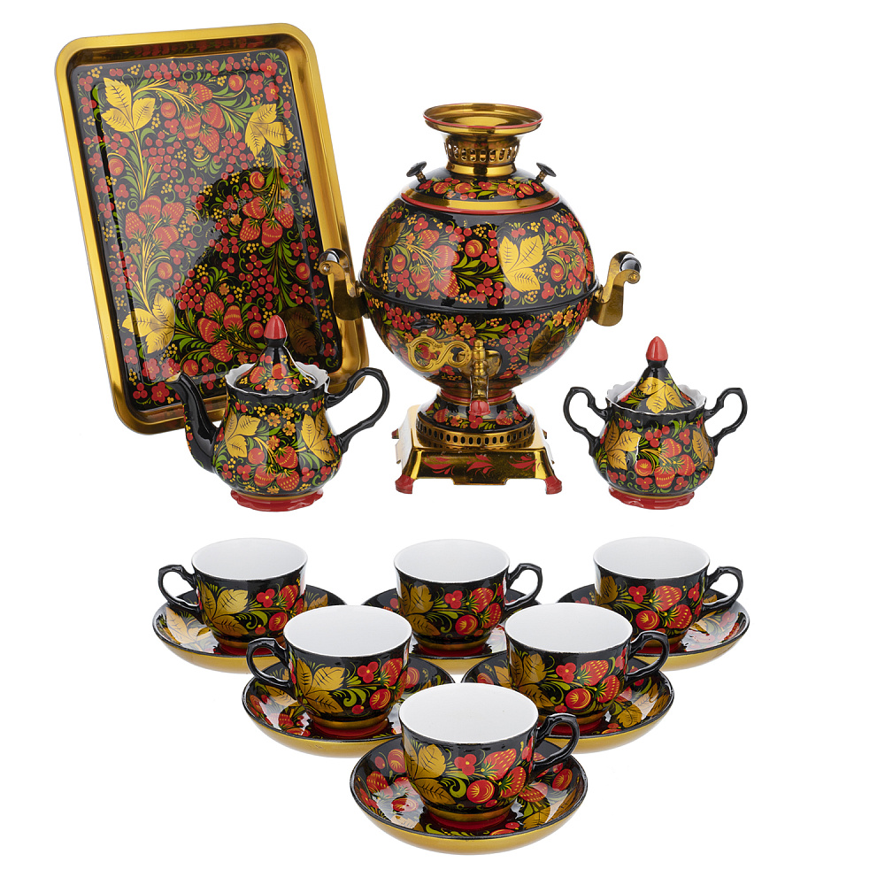 Самовар электрический 5 л с сервизом на 6 персон «Клубника». Хохлома - интернет магазин Русь Велика я 