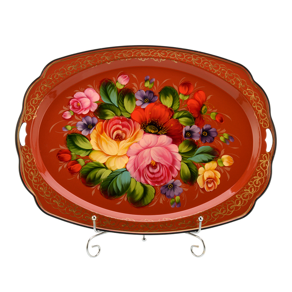 Поднос с авторской росписью «Цветы» 40х30 см - интернет магазин Русь Велика я 