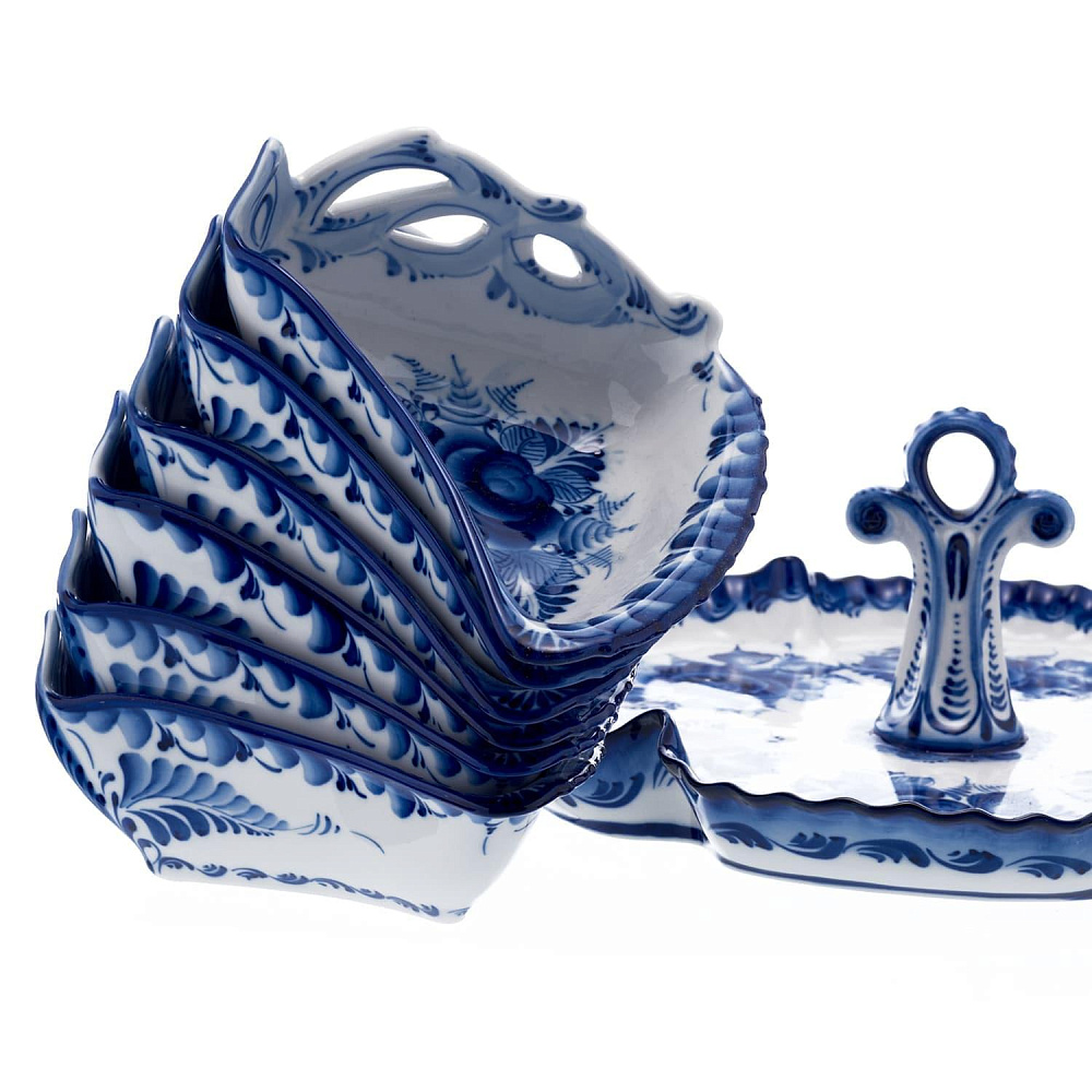 Менажница большая. 6 салатников на блюде. Гжель - интернет магазин Русь Велика я фото 2