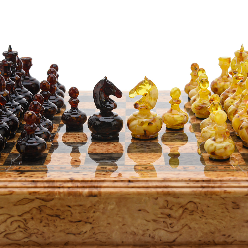 Шахматы из карельской березы с янтарными фигурами 37х37 см - интернет магазин Русь Велика я фото 6