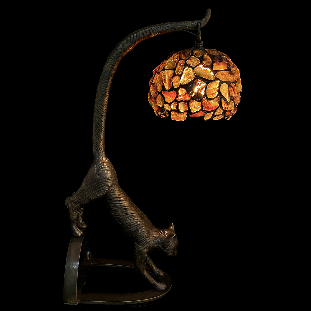 Настольная лампа из янтаря и бронзы «Кот» - интернет магазин Русь Велика я фото 1