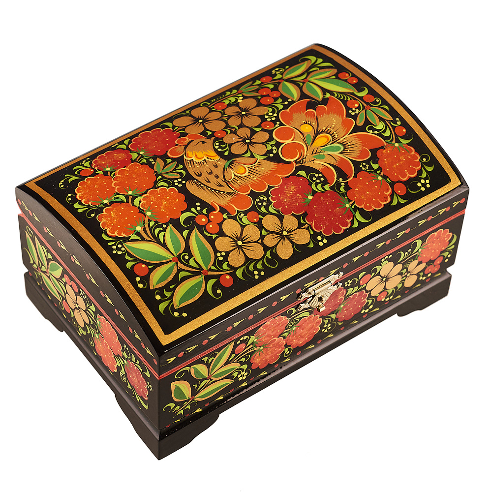 Шкатулка-сундучок «Птица и малина». Хохлома - интернет магазин Русь Велика я фото 1