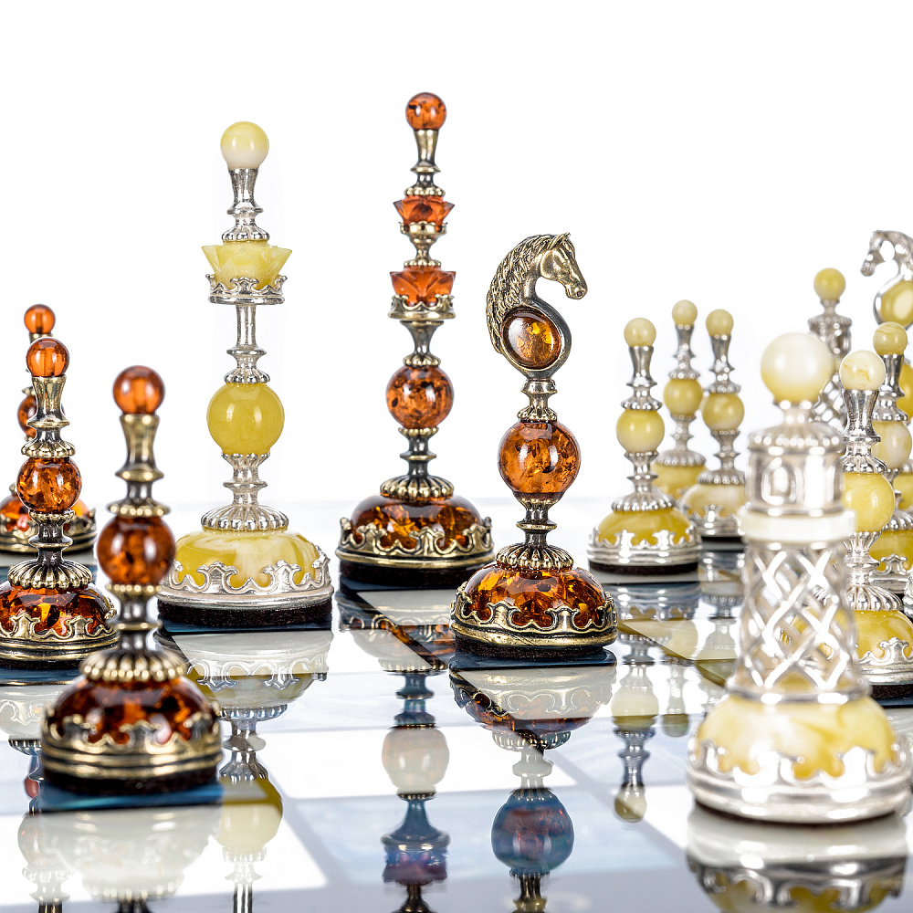 Шахматы с перламутром и янтарными фигурами 45х45 см - интернет магазин Русь Велика я фото 6