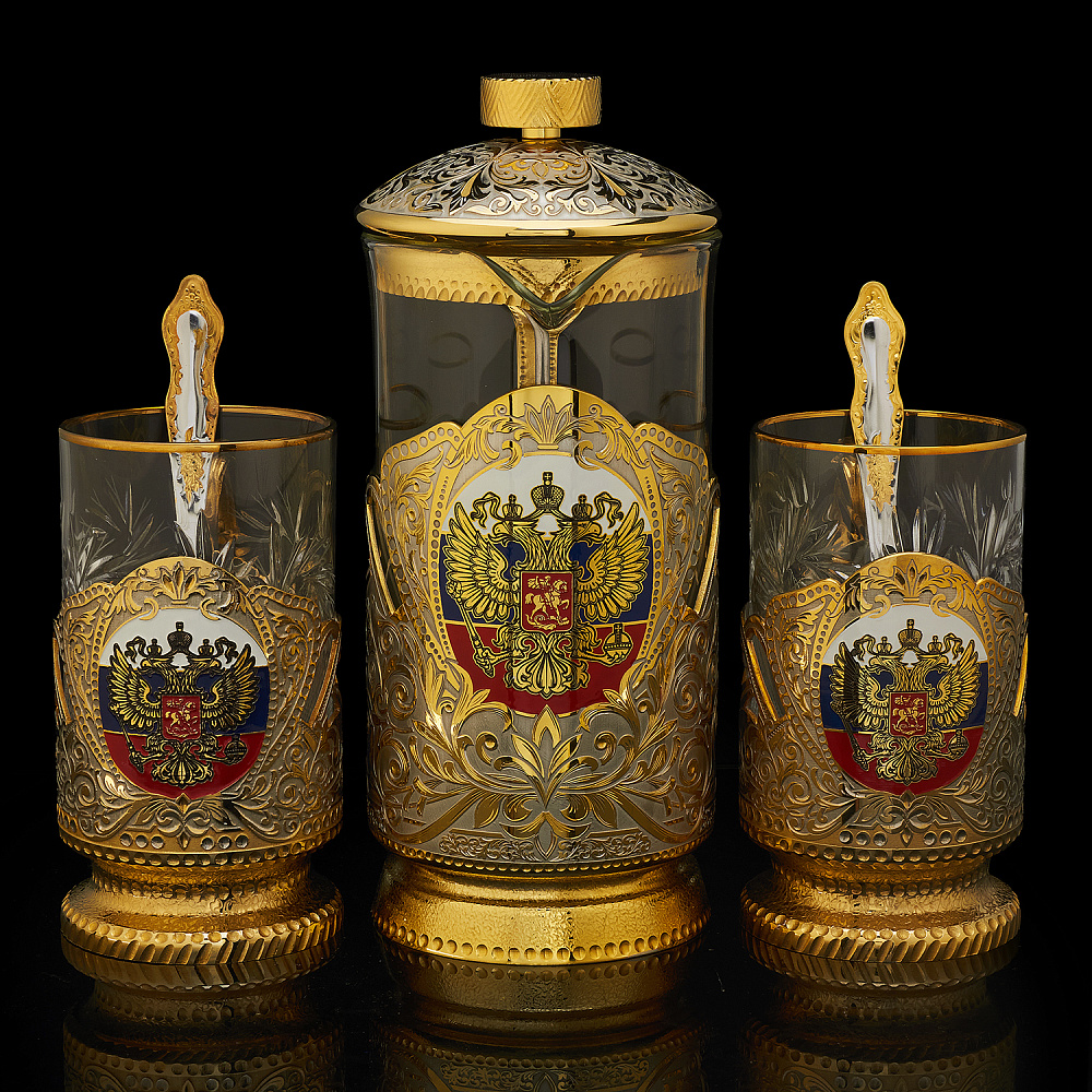 Чайный набор с френч-прессом «Герб РФ». Златоуст - интернет магазин Русь Велика я 