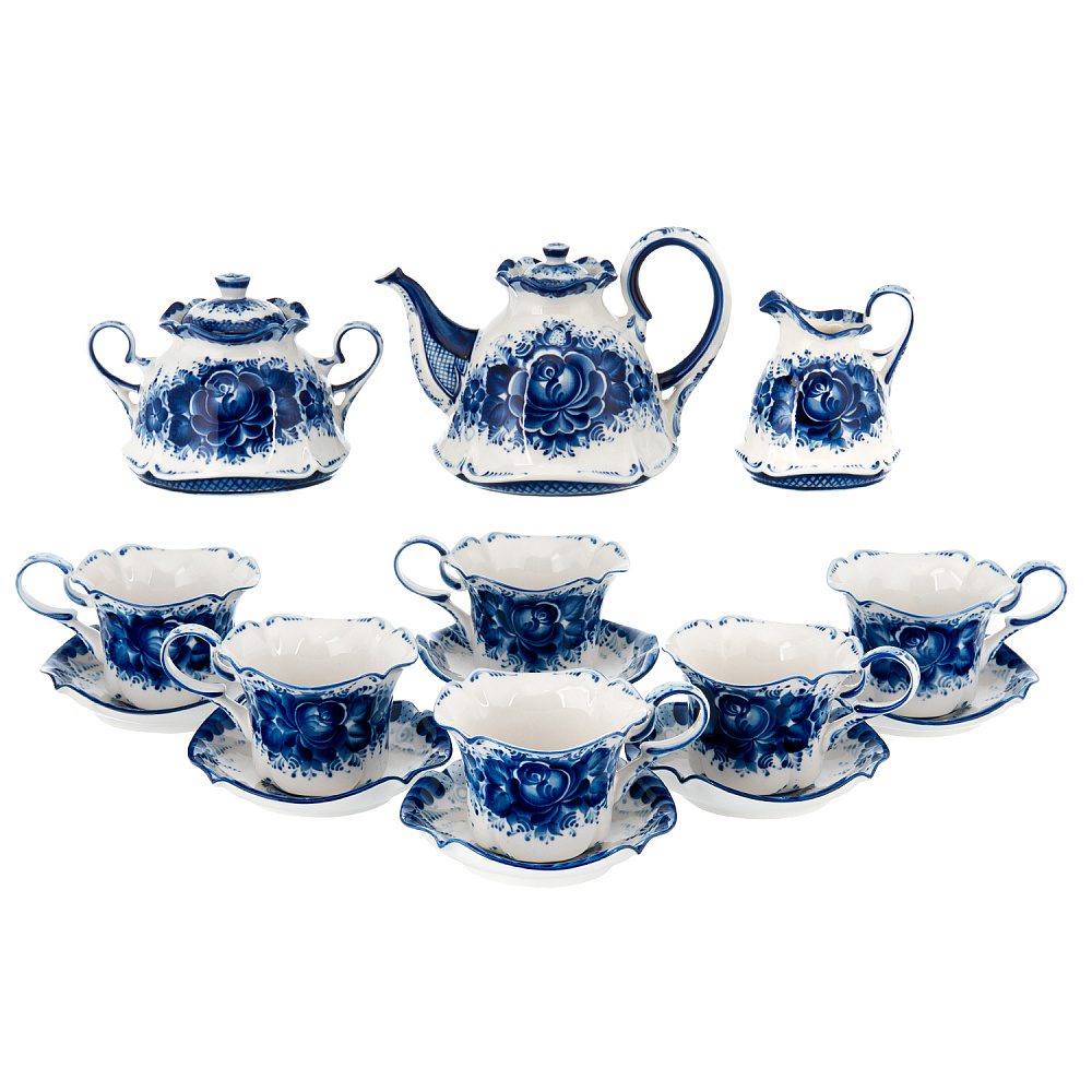 Сервиз чайный на 6 персон «Колокольчик». Гжель - интернет магазин Русь Велика я 