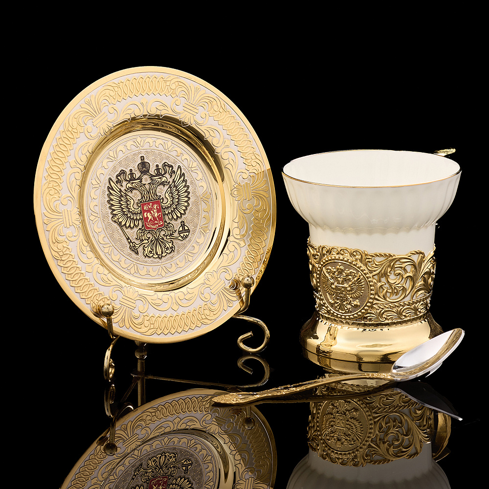 Чайная пара с позолотой и эмалью «Герб РФ». Златоуст - интернет магазин Русь Велика я 