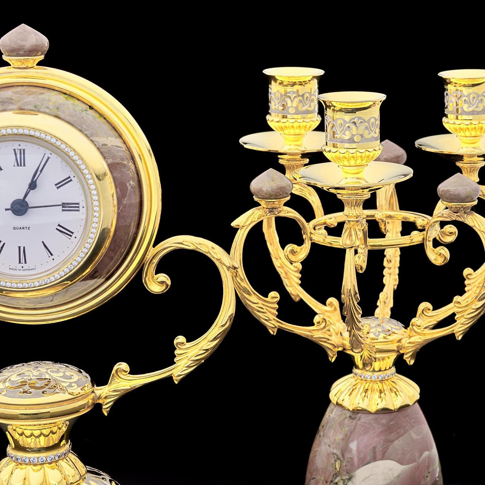 Часы каминные из яшмы и бронзы с двумя 3-х рожковыми канделябрами. Златоуст - интернет магазин Русь Велика я фото 5