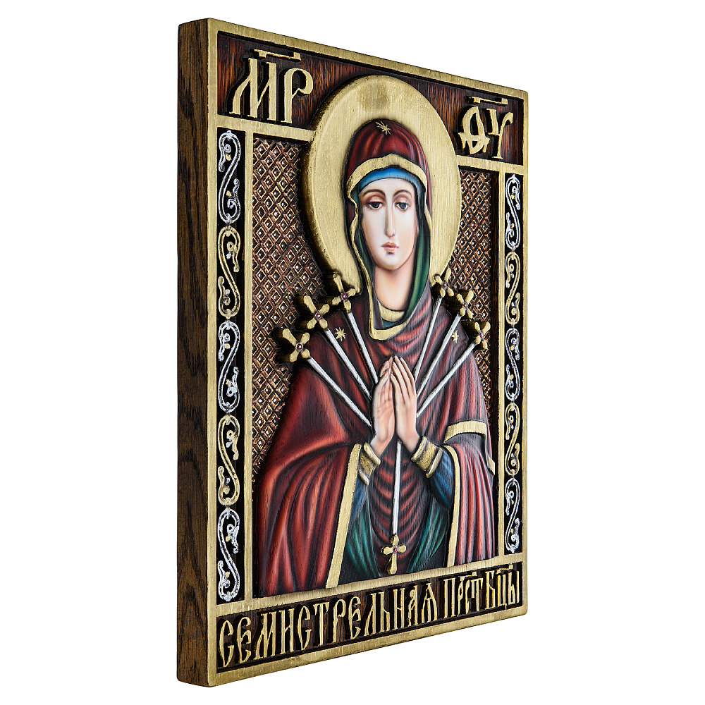 Деревянная резная икона «Божья Матерь Семистрельная» 34х28 см - интернет магазин Русь Велика я фото 1