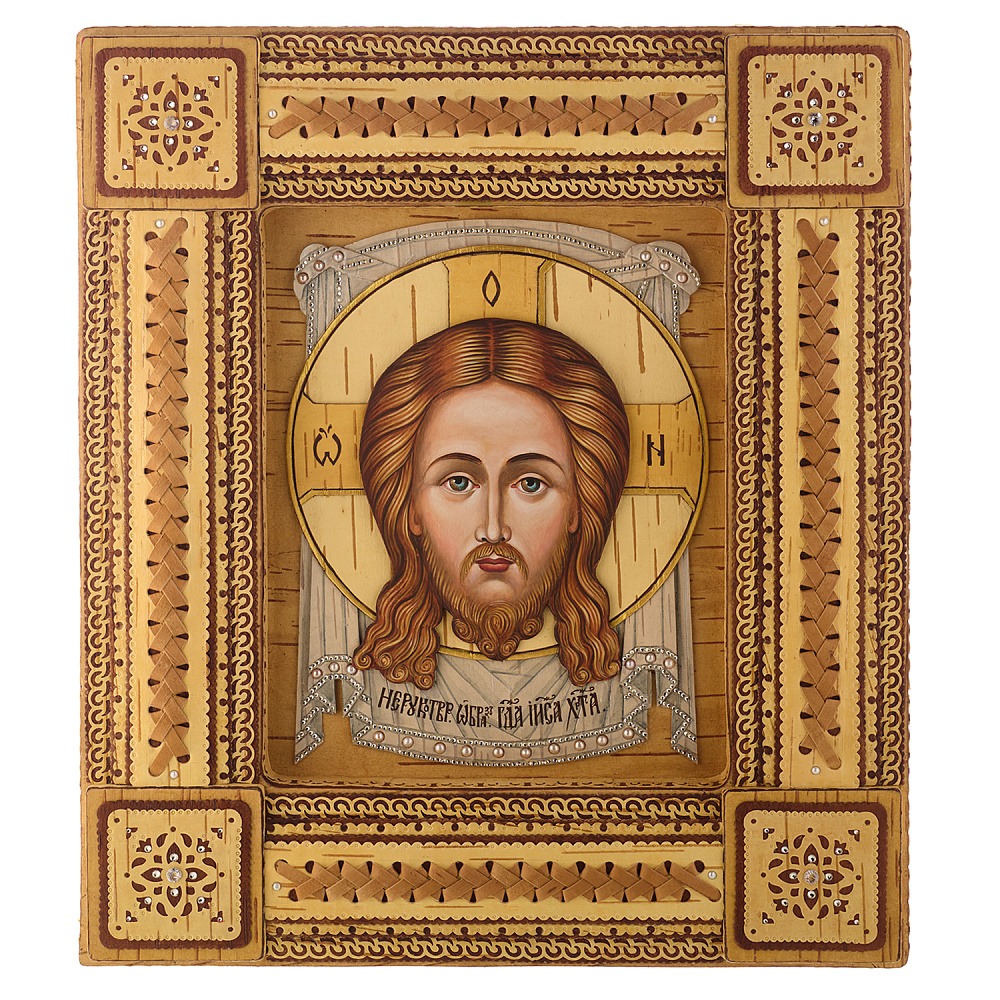 Икона из бересты «Спас Нерукотворный» 33х39 см - интернет магазин Русь Велика я 