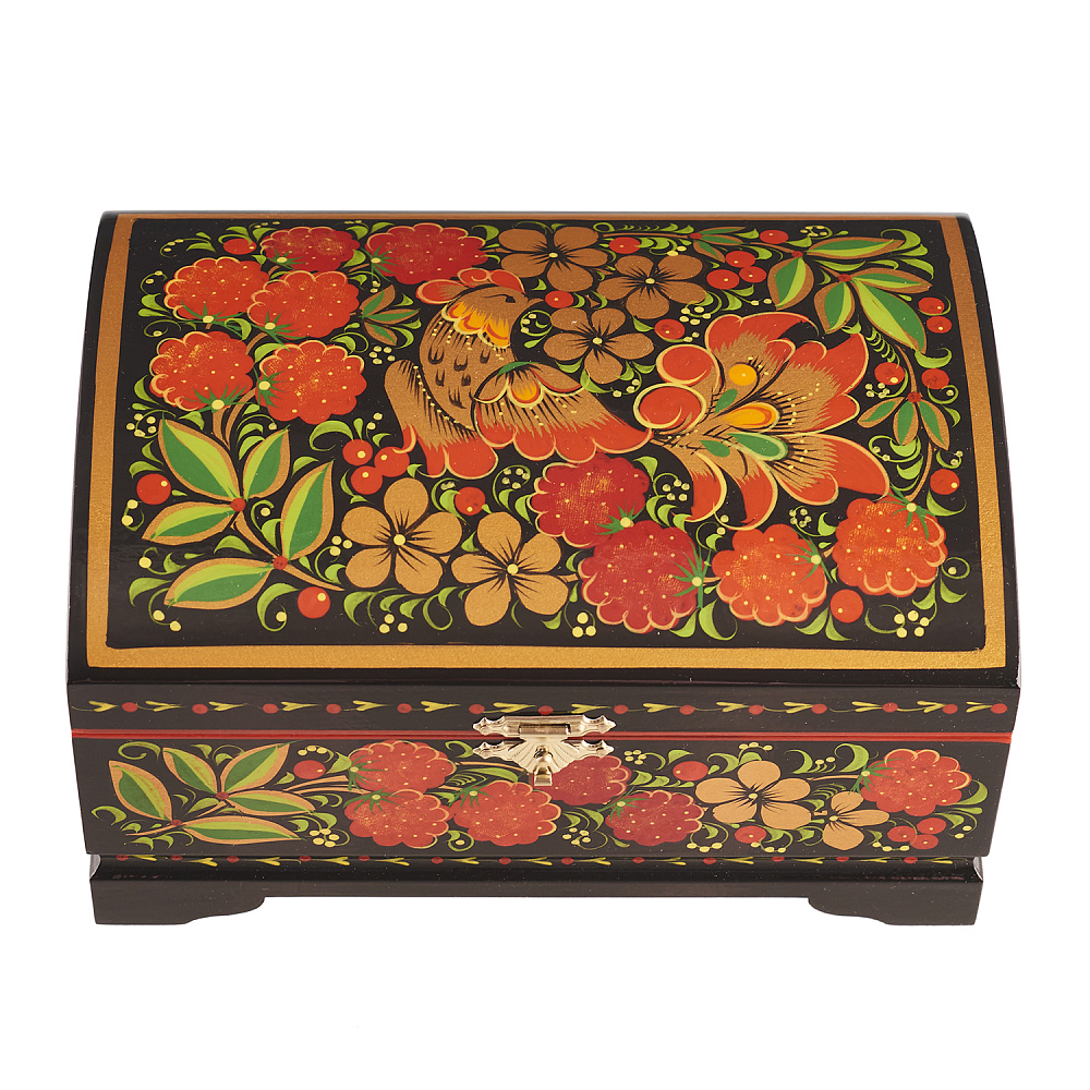 Шкатулка-сундучок «Птица и малина». Хохлома - интернет магазин Русь Велика я 