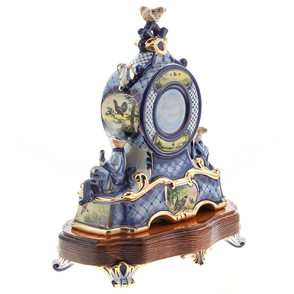 Часы настольные «Охота». Гжель в цвете и золоте. Фарфор Гжель - интернет магазин Русь Велика я фото 6