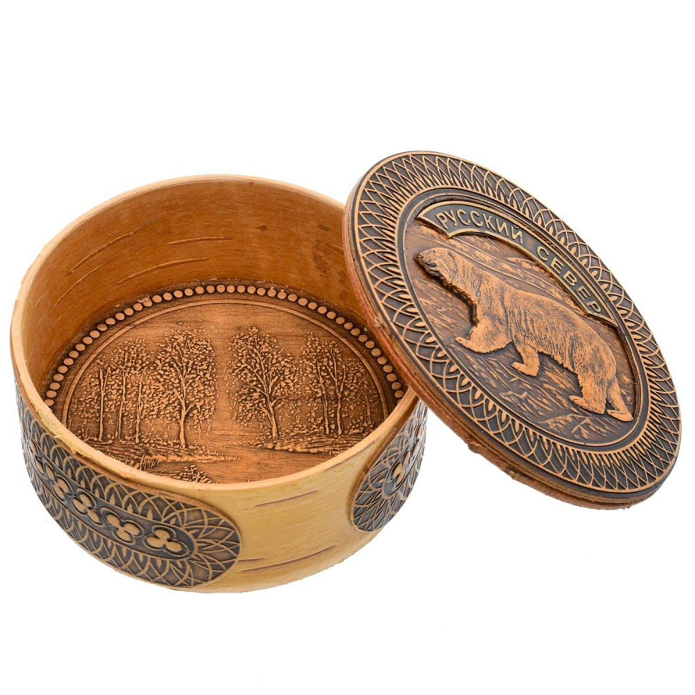 Шкатулка круглая из бересты «Медведь» - интернет магазин Русь Велика я фото 3