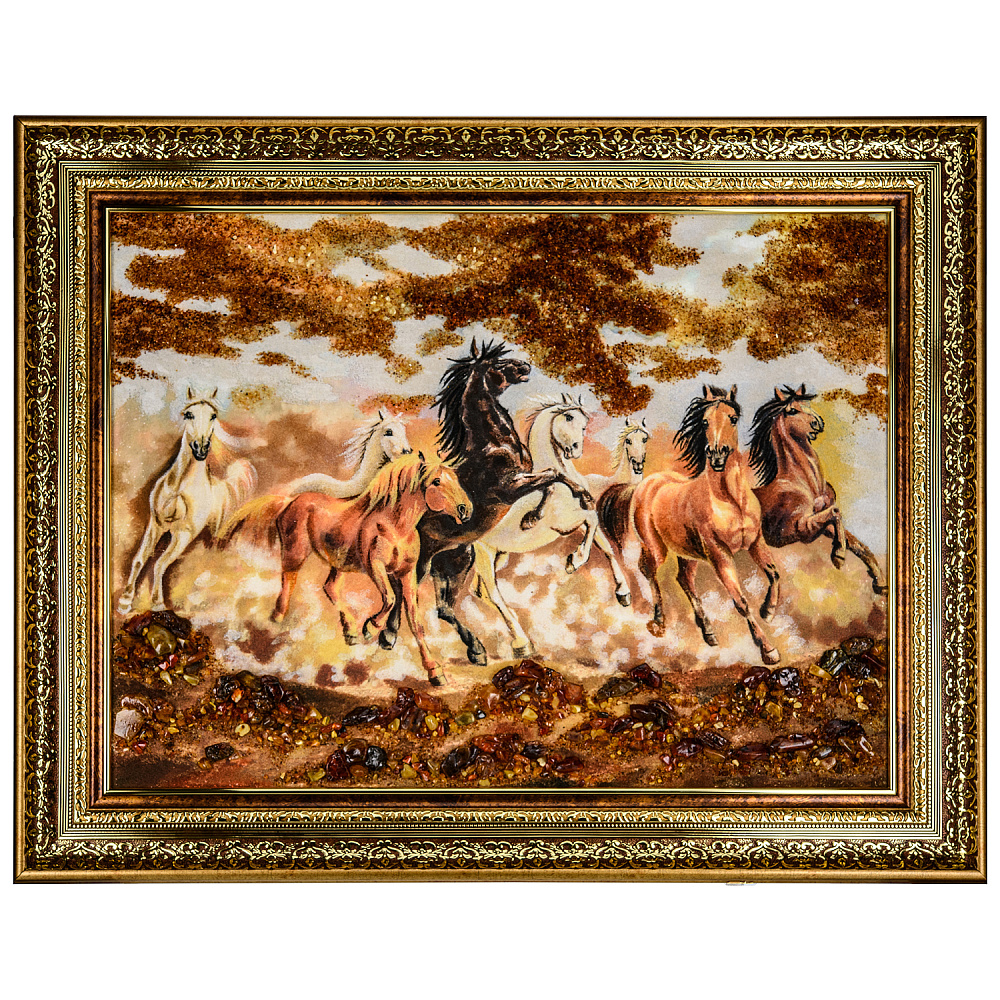 Картина янтарная «Табун лошадей» 98х78 см - интернет магазин Русь Велика я 
