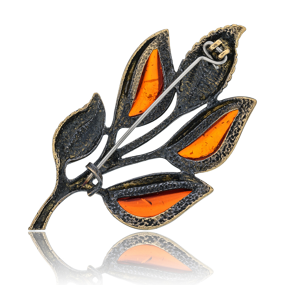 Брошь с янтарем «Веточка Осень» (коньячный) - интернет магазин Русь Велика я фото 1