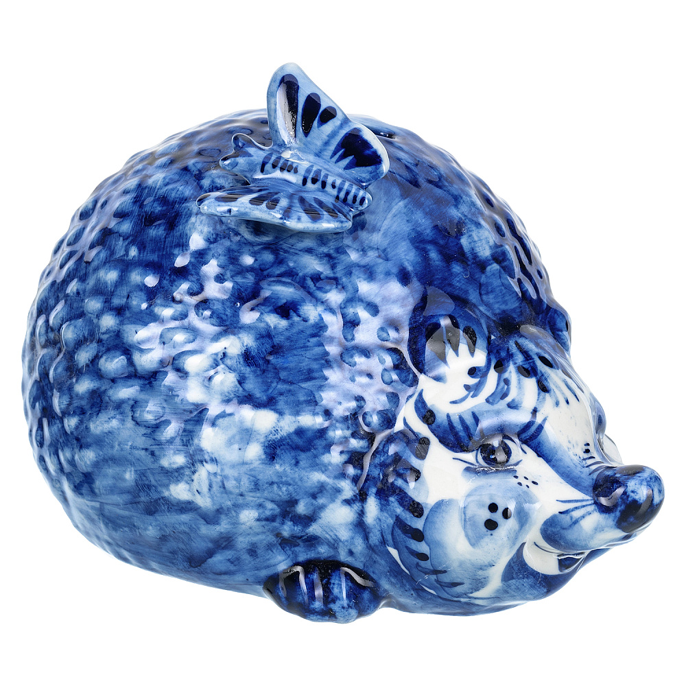 Статуэтка-копилка «Еж с бабочкой». Гжель - интернет магазин Русь Велика я 