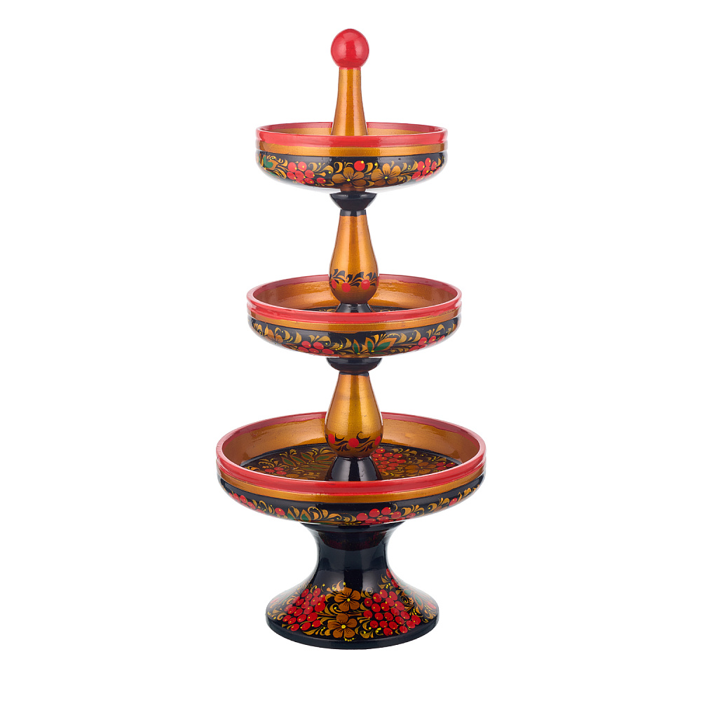 Конфетница трехъярусная с росписью «Рябина». Хохлома - интернет магазин Русь Велика я 