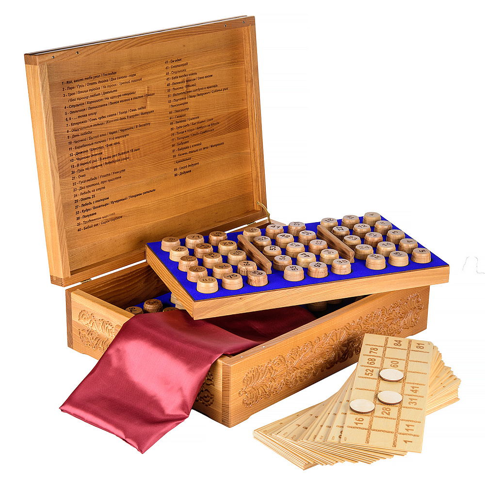 Русское лото в резной шкатулке из ясеня «Охотники на привале» - интернет магазин Русь Велика я фото 1