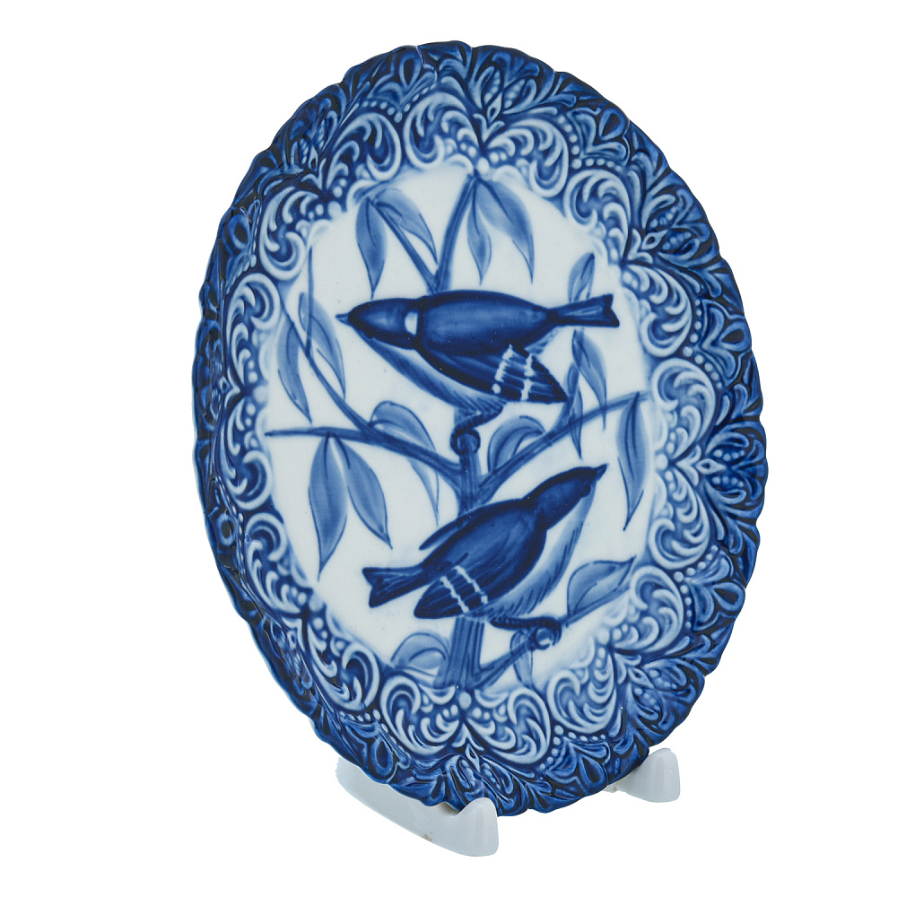 Тарелка сувенирная настенная «Птицы синицы». Гжель - интернет магазин Русь Велика я фото 1