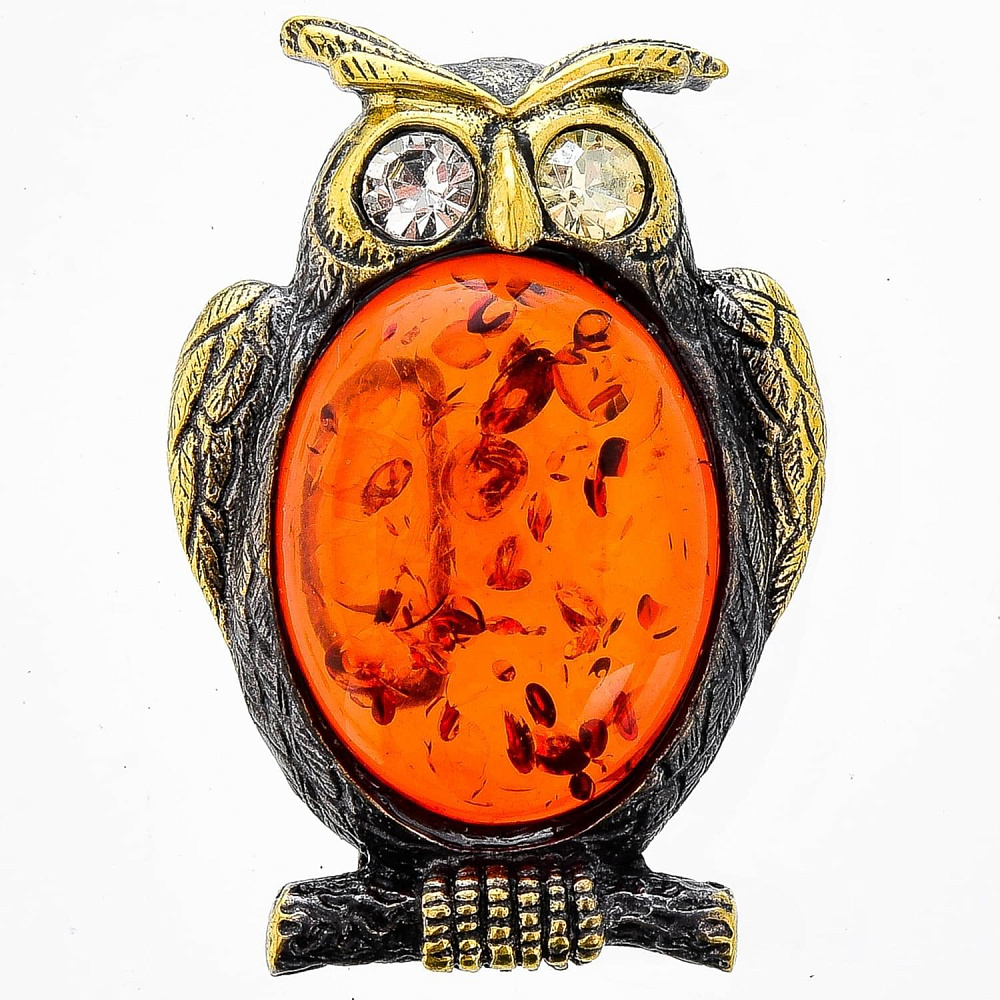 Брошь с янтарной вставкой «Филин» (коньячный) - интернет магазин Русь Велика я 