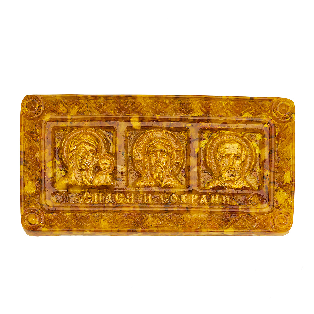 Икона янтарная в машину «Спаси и сохрани» 13,5х7,5 см - интернет магазин Русь Велика я 