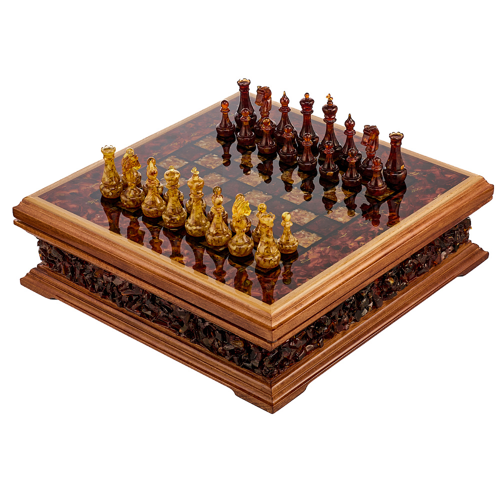 Шахматы с инкрустацией и фигурами из янтаря 37х37 см - интернет магазин Русь Велика я 