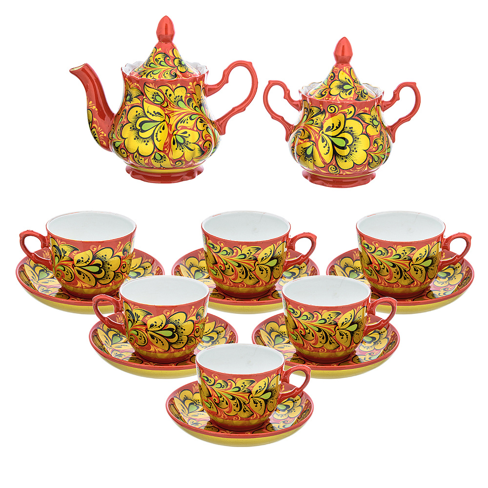 Чайный сервиз на 6 персон «Кудрина красная с зеленью». Хохлома - интернет магазин Русь Велика я 