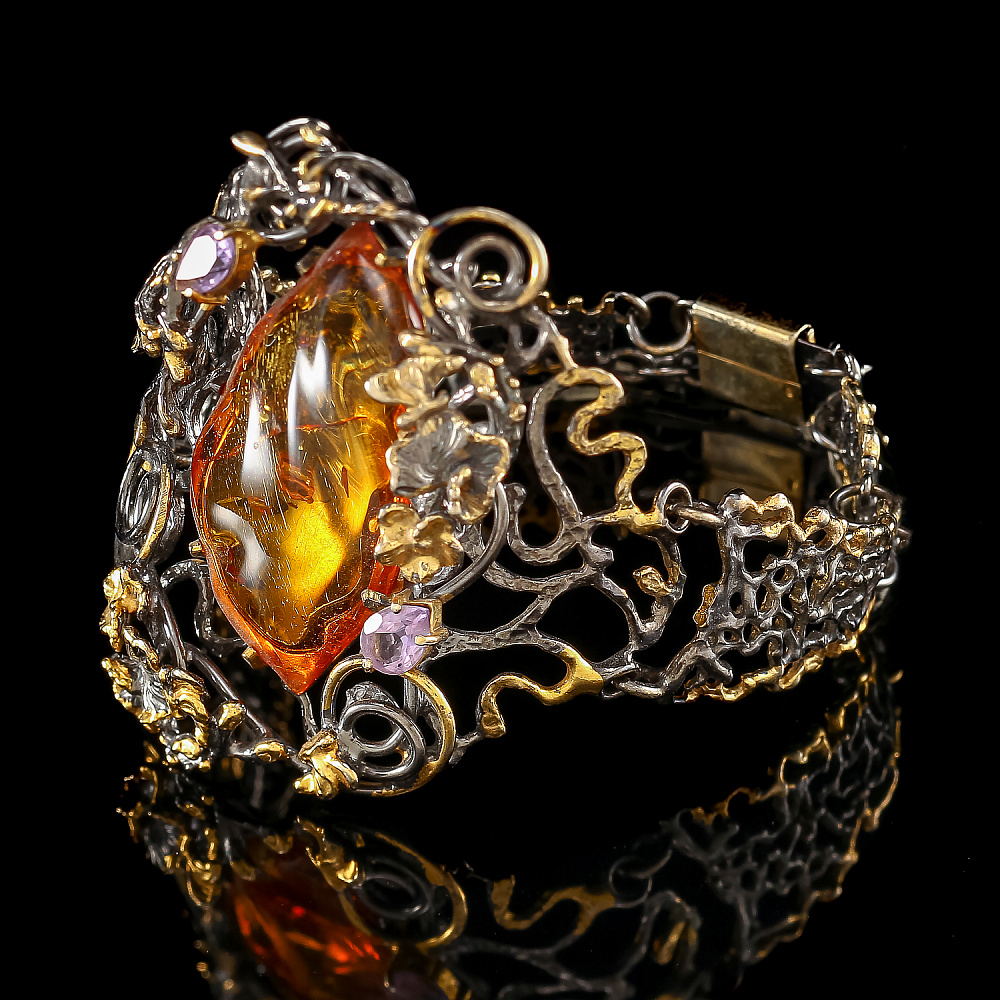 Браслет с янтарной вставкой и фианитами. Серебро 925*. Вес 36,73 г - интернет магазин Русь Велика я фото 1