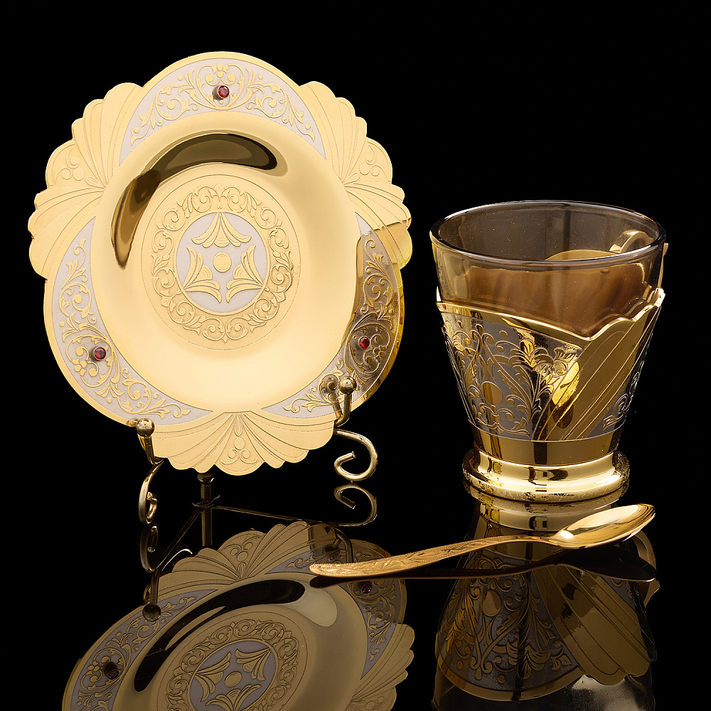 Чайная пара с позолотой и фианитами. Златоуст - интернет магазин Русь Велика я 