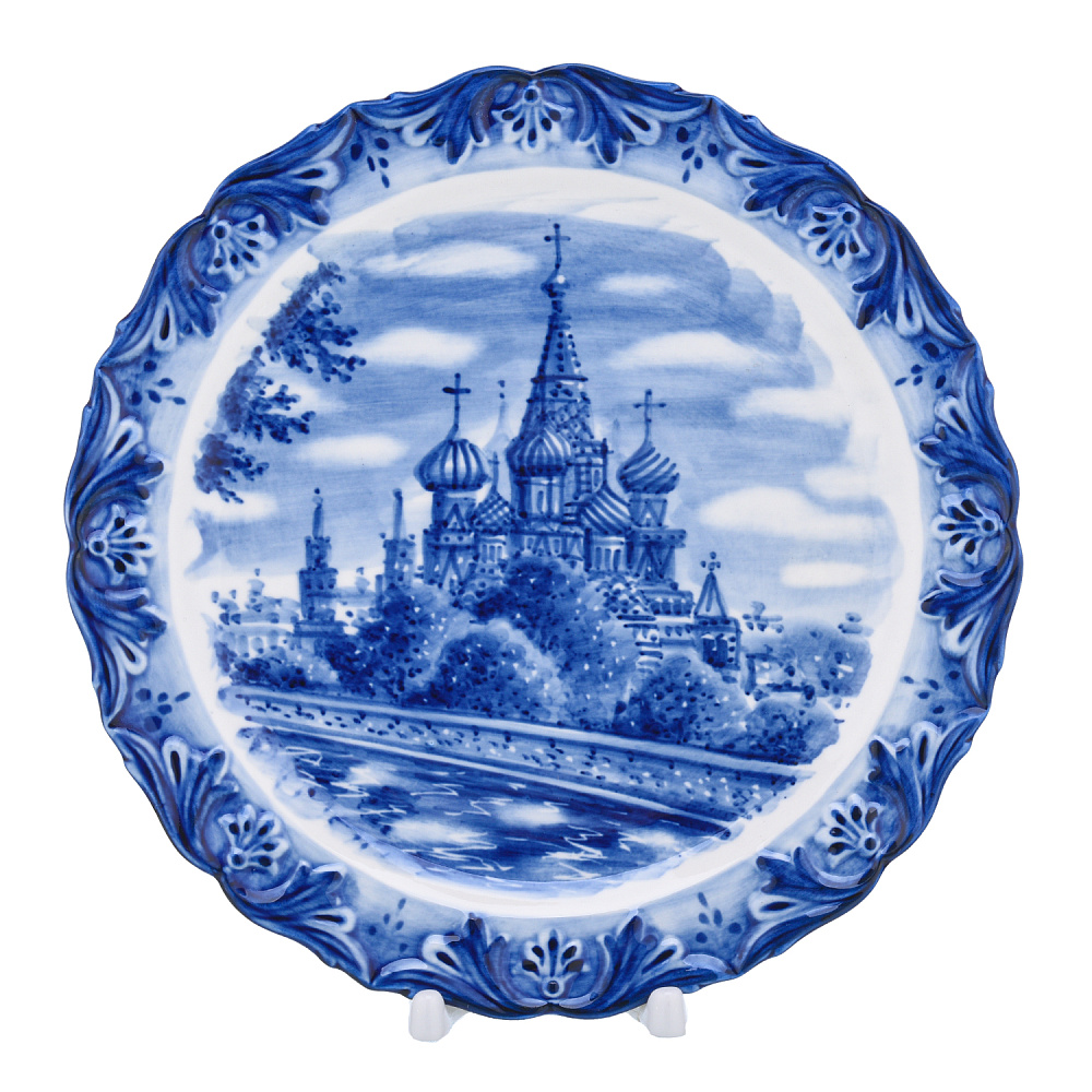 Тарелка декоративная «Храм Василия Блаженного». Гжель - интернет магазин Русь Велика я 
