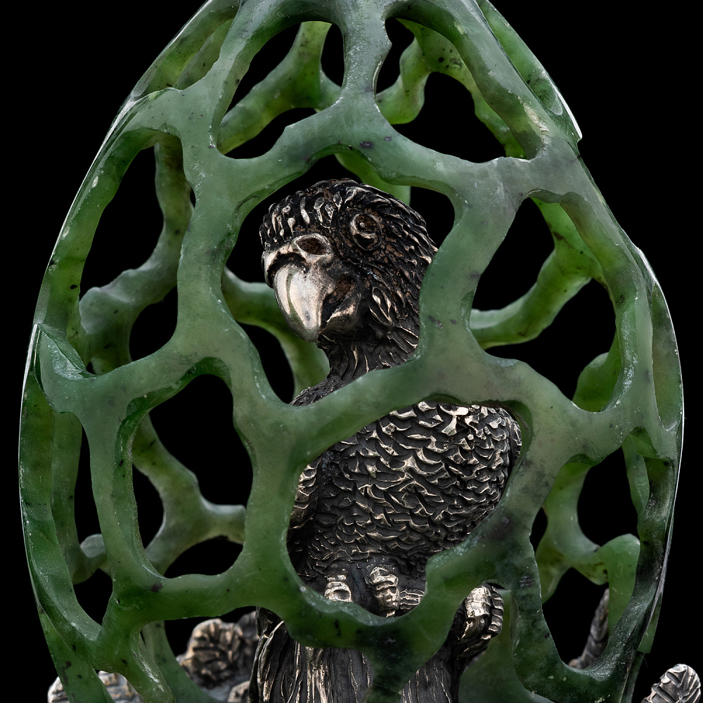 Композиция из нефрита и серебра «Попугай в клетке» - интернет магазин Русь Велика я фото 1