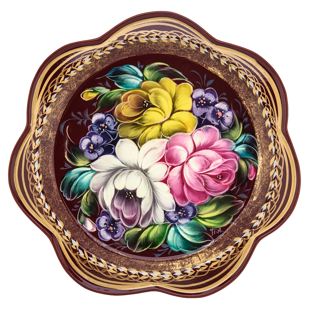 Поднос с авторской росписью «Цветы» 21 см - интернет магазин Русь Велика я 