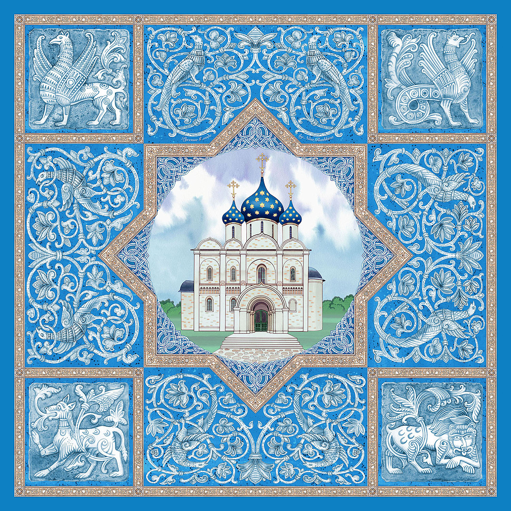 Платок шелковый «Белокаменное зодчество» 90х90 см - интернет магазин Русь Велика я 
